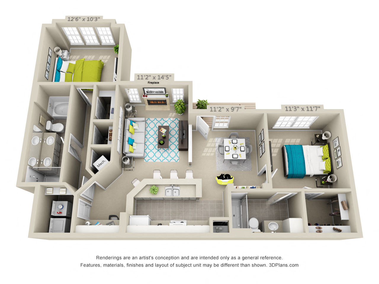 Floor plan for 2 beds, 2 baths, 1236 sqft